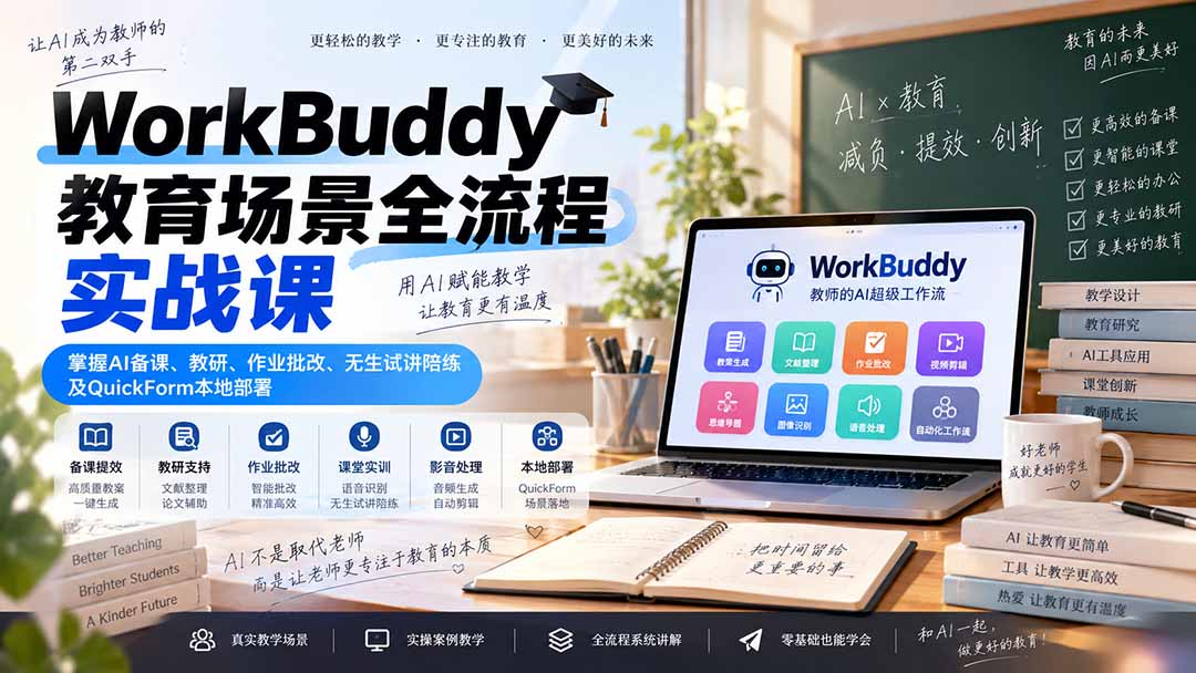 WorkBuddy教育场景全流程实战课：掌握AI备课、教研、作业批改、无生试讲陪练及QuickForm本地部署