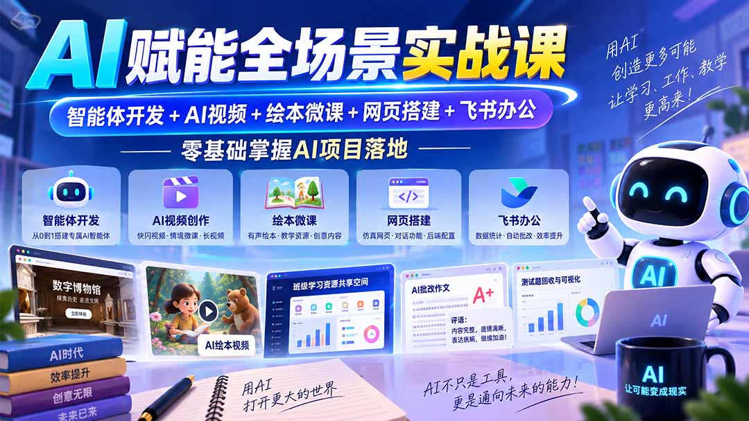 AI赋能全场景实战课｜智能体开发+AI视频+绘本微课+网页搭建+飞书办公，零基础掌握AI项目落地