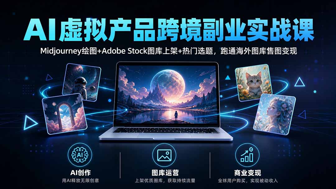 AI虚拟产品跨境副业实战课｜Midjourney绘图+Adobe Stock图库上架+热门选题，跑通海外图库售图变现