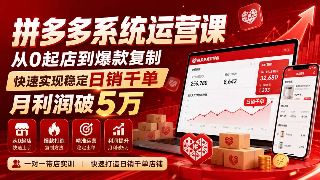 拼多多系统运营课-无水印(更新9月)，从0起店到爆款复制，快速实现稳定日销千单，月利润破5万