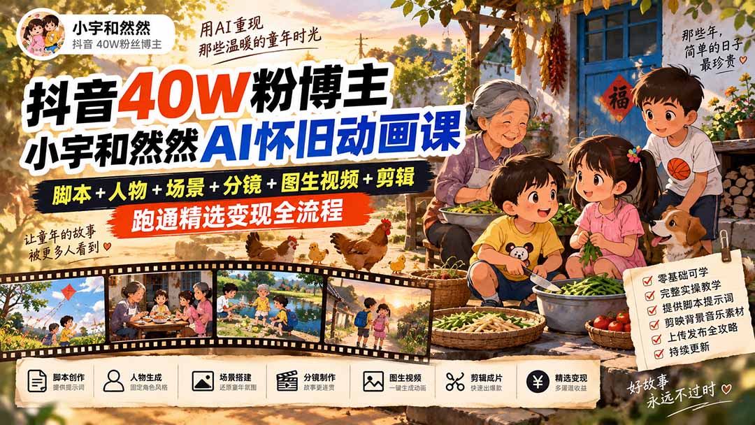 抖音40W粉博主小宇和然然AI怀旧动画课｜脚本+人物+场景+分镜+图生视频+剪辑，跑通精选变现全流程