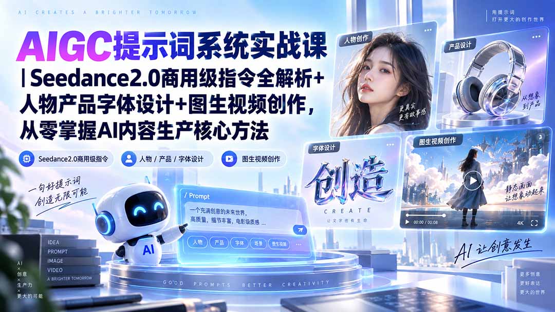 AIGC提示词系统实战课-无水印｜Seedance2.0商用级指令全解析+人物产品字体设计+图生视频创作，掌握AI内容生产方法