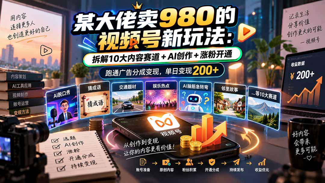 某大佬卖980的视频号新玩法：拆解10大内容赛道+AI创作+涨粉开通，跑通广告分成变现，单日变现200+