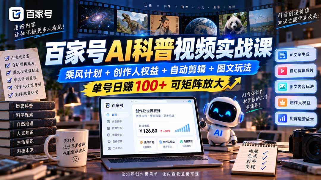 百家号AI科普视频实战课：乘风计划+创作人权益+自动剪辑+图文玩法，单号日赚100+可矩阵放大