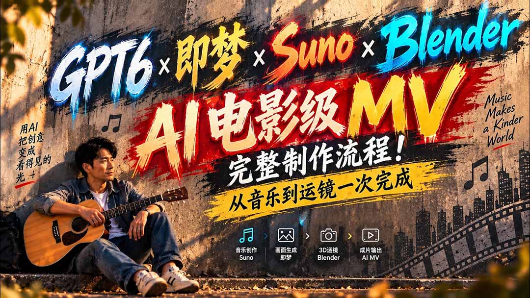 GPT6×即梦×Suno×Blender｜AI电影级MV完整制作流程！从音乐到运镜一次完成 (无水印)