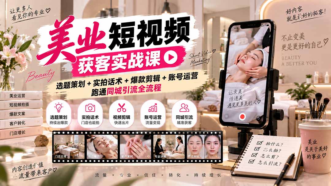 美业短视频获客实战课-无水印：选题策划+实拍话术+爆款剪辑+账号运营，跑通同城引流全流程