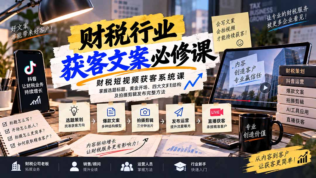 财税短视频获客系统课：掌握选题标题、黄金开场、四大文案结构及拍摄剪辑发布完整方法