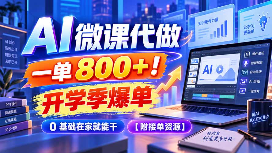 AI 微课代做，一单 800+！开学季爆单，0 基础在家就能干【附接单资源】