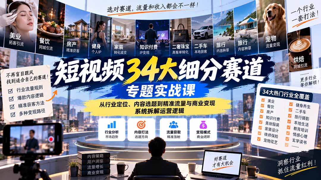 短视频34大细分赛道专题实战课：从行业定位、内容选题到精准流量与商业变现，系统拆解运营逻辑