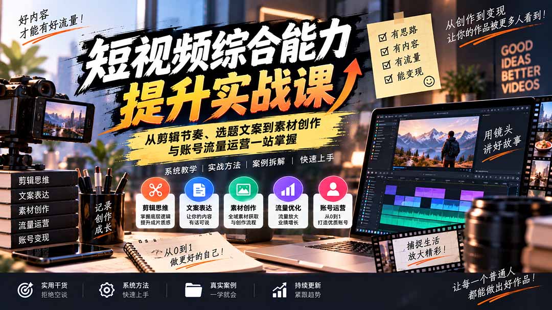 短视频综合能力提升实战课：从剪辑节奏、选题文案到素材创作与账号流量运营一站掌握