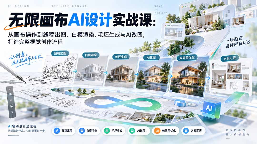 【无水印】无限画布AI设计实战课-更新：从画布操作到线稿出图、白模渲染、毛坯生成与AI改图，打造完整视觉创作流程