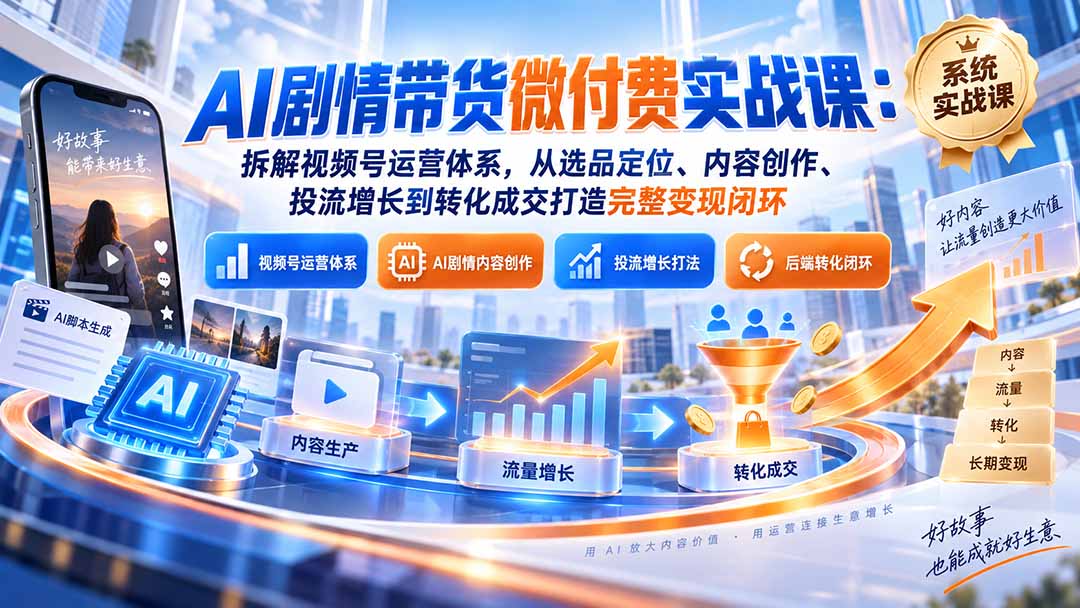 AI剧情带货微付费实战课：拆解视频号运营体系，从选品定位、内容创作、投流增长到转化成交打造完整变现闭环