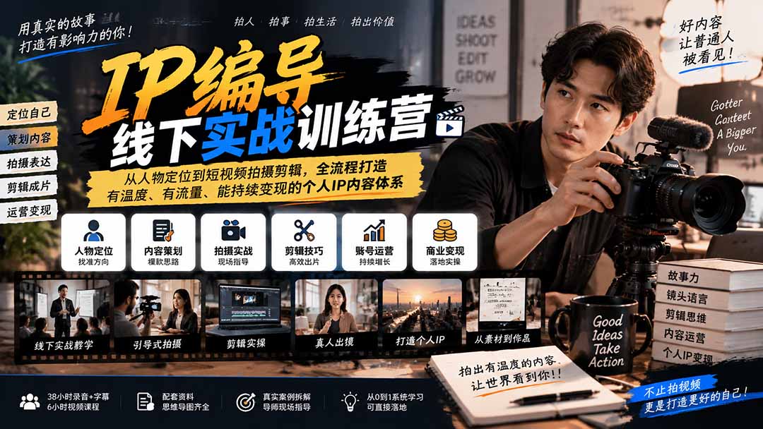 IP编导线下实战训练营-更新：从人物定位到短视频拍摄剪辑，全流程打造有温度、有流量、能持续变现的个人IP内容体系