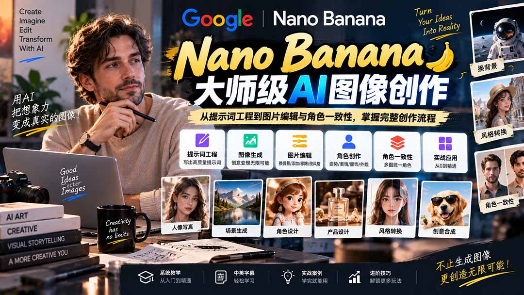 【无水印】Nano Banana大师级AI图像实战课：从提示词工程到图片编辑与角色一致性，掌握完整创作流程