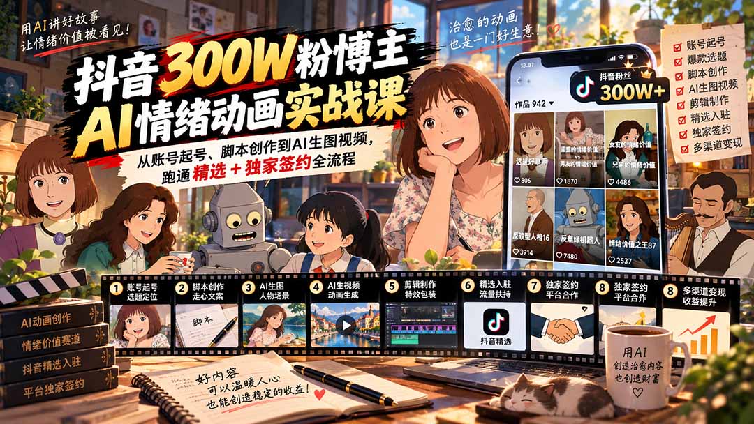 抖音300W粉博主AI情绪动画实战课：从账号起号、脚本创作到AI生图视频，跑通精选+独家签约全流程