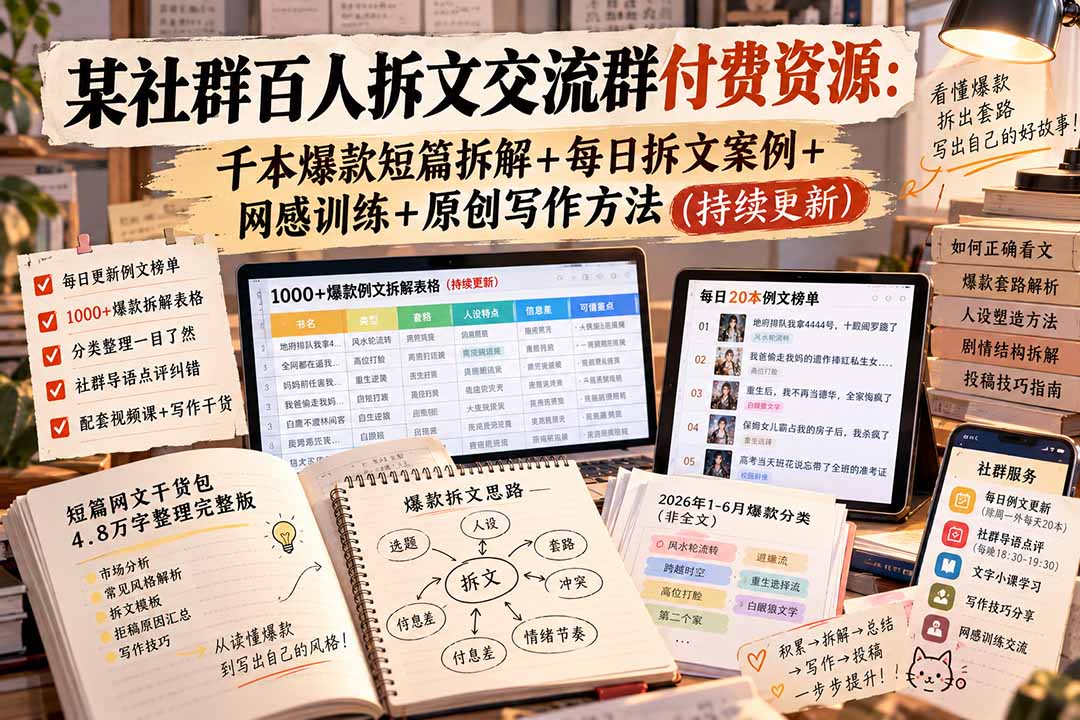 某社群百人拆文交流群付费资源：千本爆款短篇拆解+每日拆文案例+网感训练+原创写作方法 (持续更新)