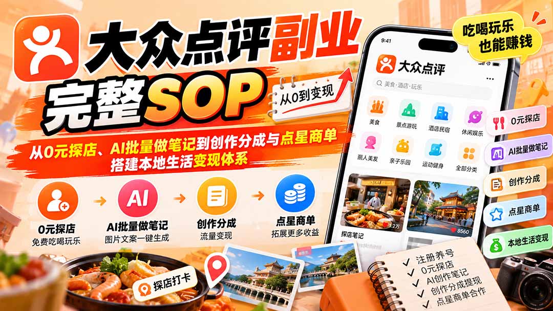 【无水印】大众点评副业完整SOP：从0元探店、AI批量做笔记到创作分成与点星商单，搭建本地生活变现体系