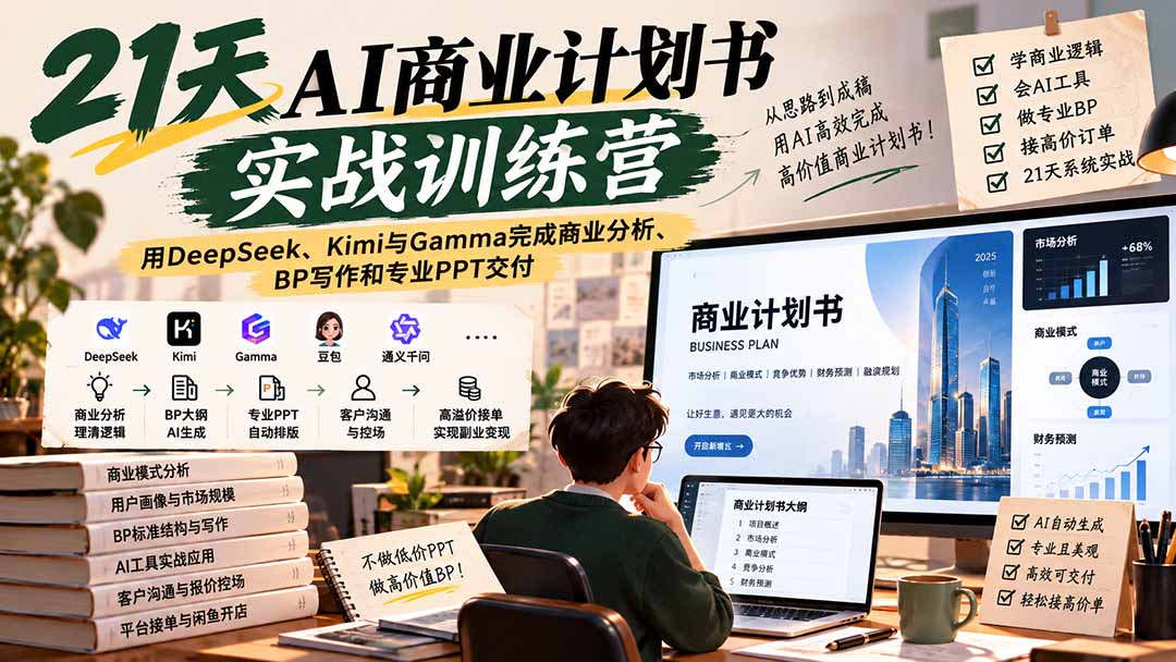 【无水印】21天AI商业计划书实战训练营：用DeepSeek、Kimi与Gamma完成商业分析、BP写作和专业PPT交付