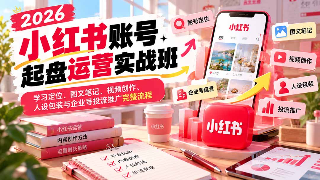 2026小红书账号起盘运营实战班：学习定位、图文笔记、视频创作、人设包装与企业号投流推广完整流程