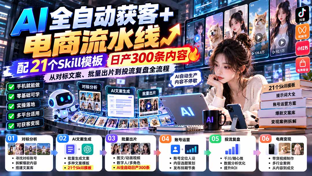 【无水印】AI全自动获客+电商流水线-更新0928：配21个Skill模板，日产300条内容，从对标文案、批量出片到投流全流程