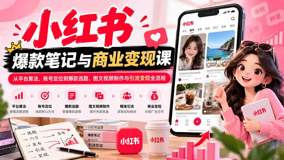 2026小红书爆款笔记与商业变现课：从平台算法、账号定位到爆款选题、图文视频制作与引流变现全流程