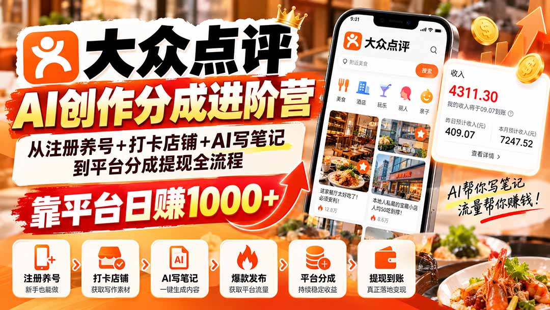 大众点评AI创作分成进阶营：从注册养号+打卡店铺+AI写笔记到平台分成提现全流程，靠平台日赚1000+