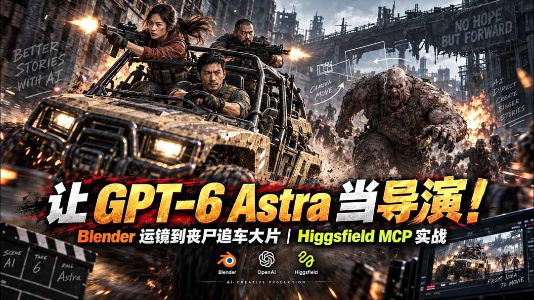 【无水印】让 GPT-6 Astra 当导演！Blender 运镜到丧尸追车大片｜Higgsfield MCP 实战