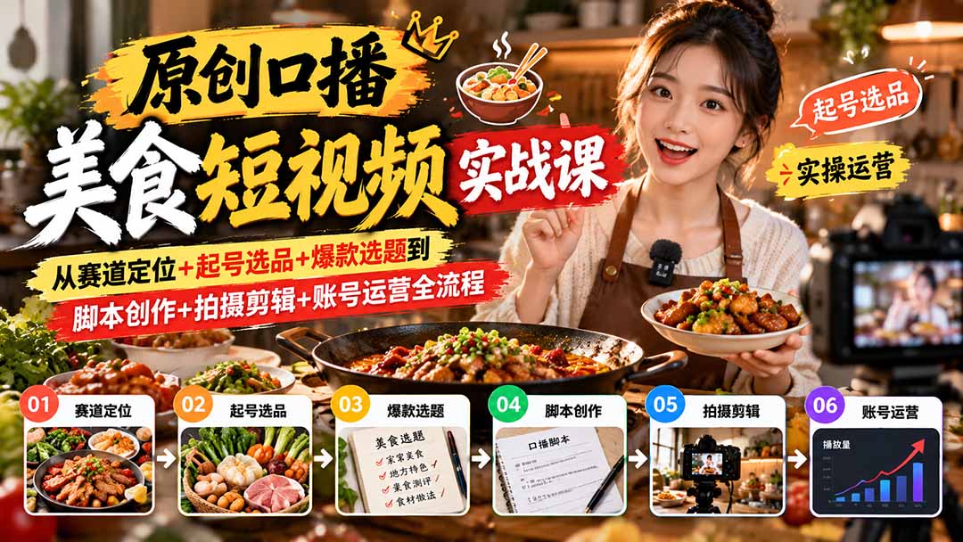 原创口播美食短视频实战课：从赛道定位+起号选品+爆款选题到脚本创作+拍摄剪辑+账号运营全流程