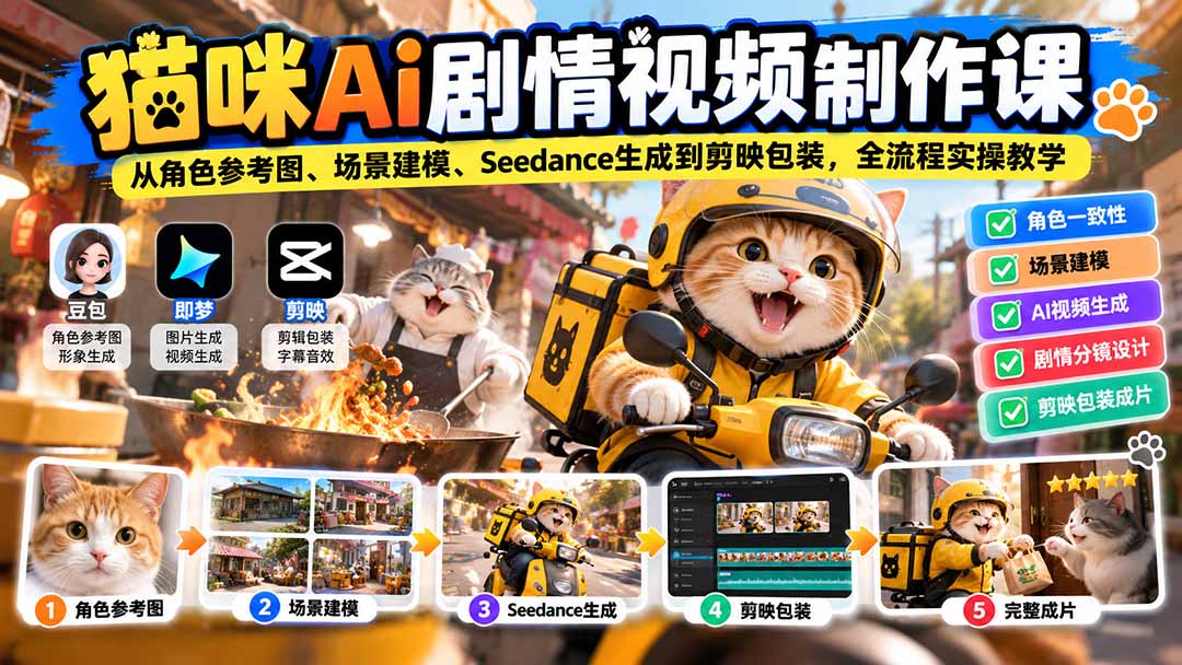 猫咪AI剧情视频制作课：从角色参考图、场景建模、Seedance生成到剪映包装，全流程实操教学