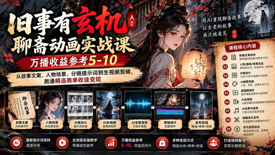 旧事有玄机AI聊斋动画实战9月新课：万播收益参考5-10，从故事文案、人物场景到分镜生视频，跑通精选商单收徒
