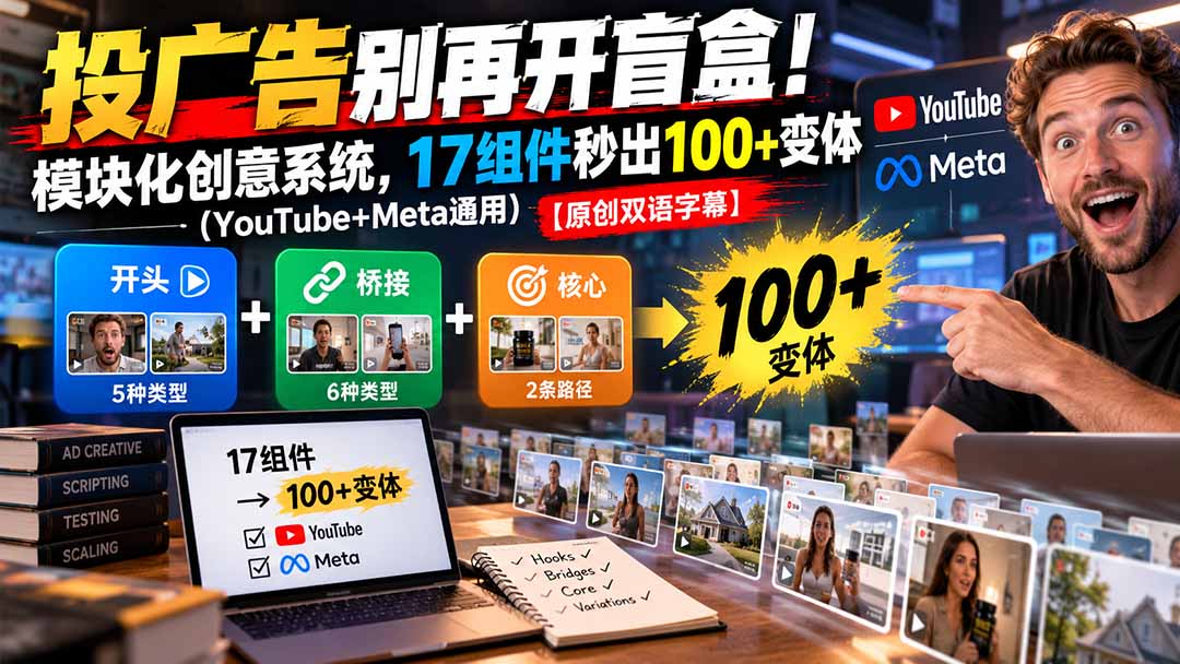 投广告别再开盲盒！模块化创意系统，17组件秒出100+变体（YouTube+Meta通用）【原创双语字幕】