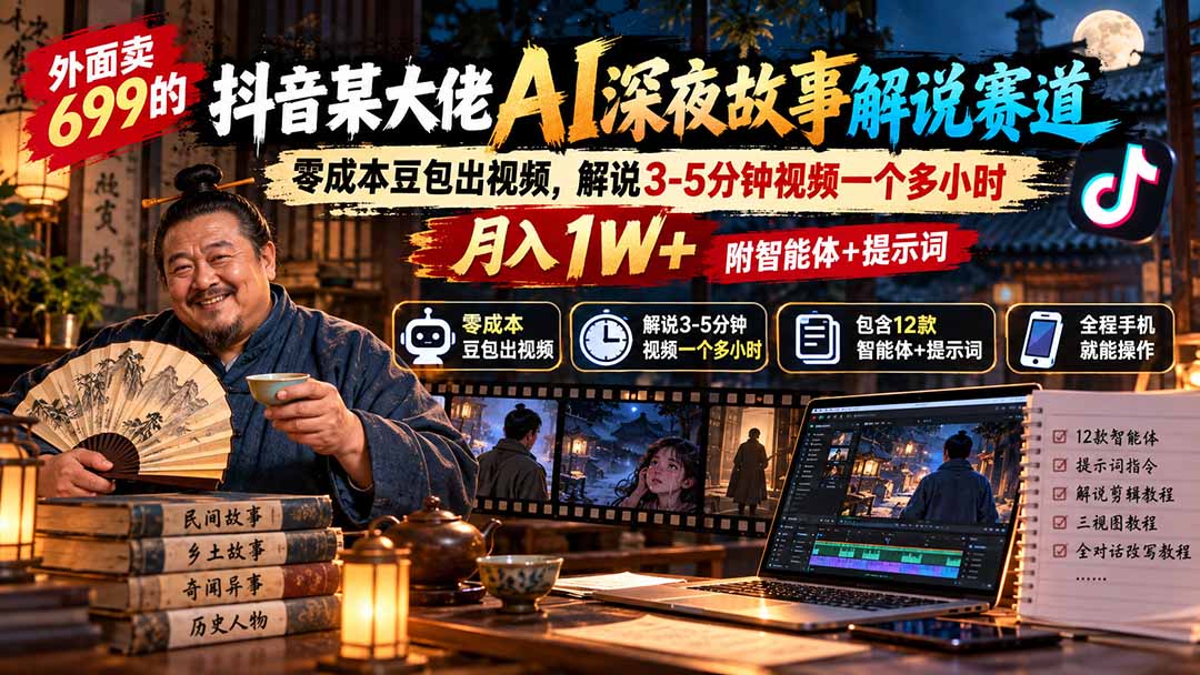 外面卖699抖音某大佬AI深夜故事解说赛道-更新：0成本豆包出视频+解说3-5分钟视频一个多小时，月入1W+附智能体+提示词