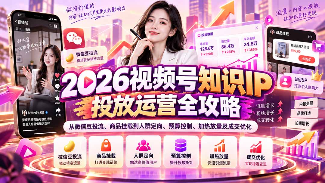 2026视频号知识IP投放运营全攻略：从微信豆投流、商品挂载到人群定向、预算控制、加热放量及成交优化