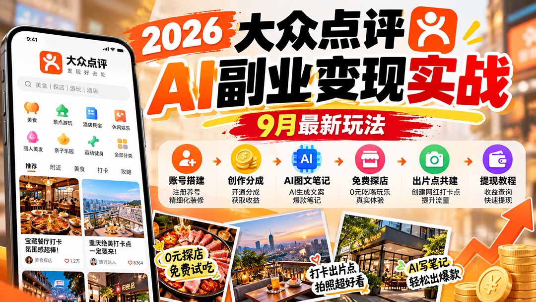 2026大众点评AI副业变现实战9月最新玩法：账号搭建+创作分成+AI图文笔记+免费探店+出片点共建与提现教程