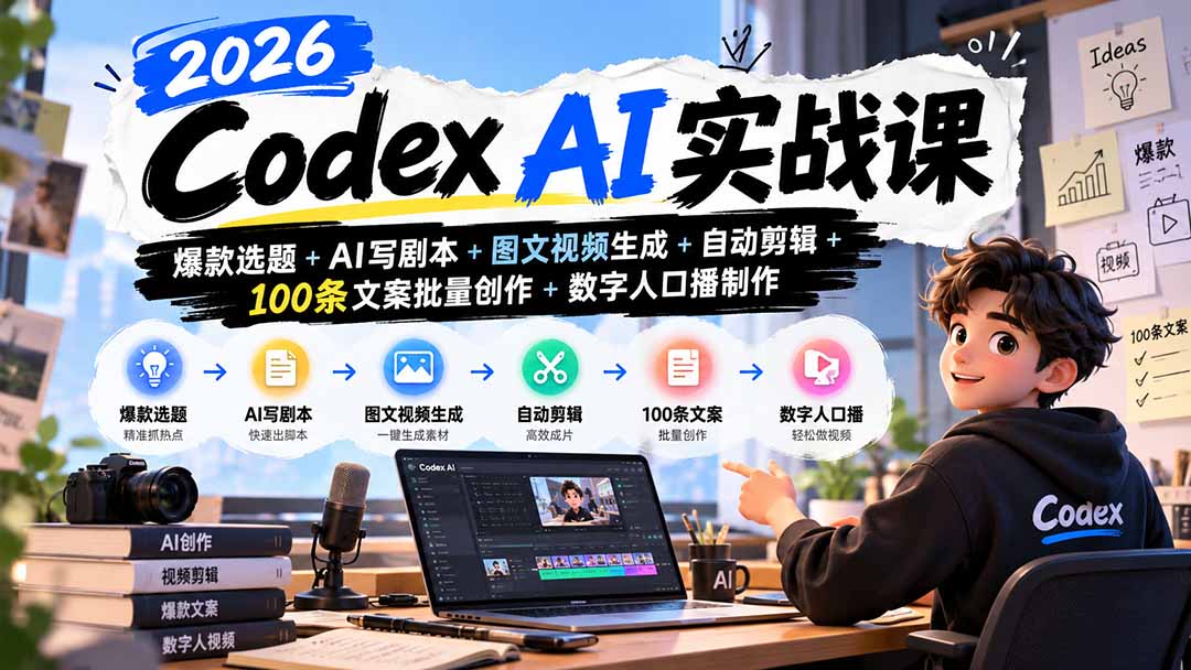 2026Codex AI实战课：爆款选题+AI写剧本+图文视频生成+自动剪辑+100条文案批量创作+数字人口播制作