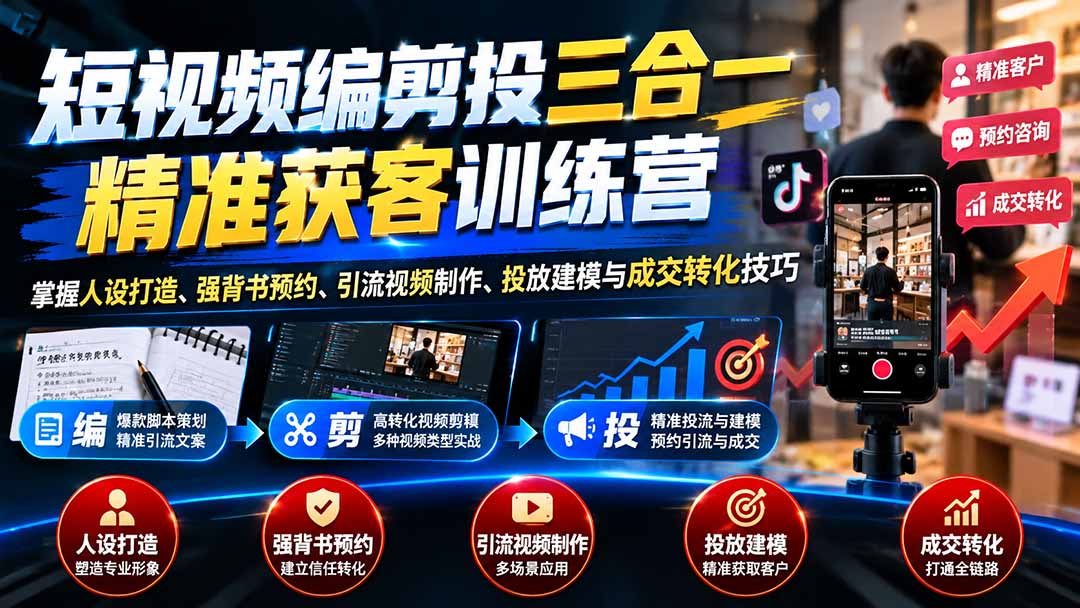 短视频编剪投三合一精准获客训练营：掌握人设打造、强背书预约、引流视频制作、投放建模与成交转化技巧