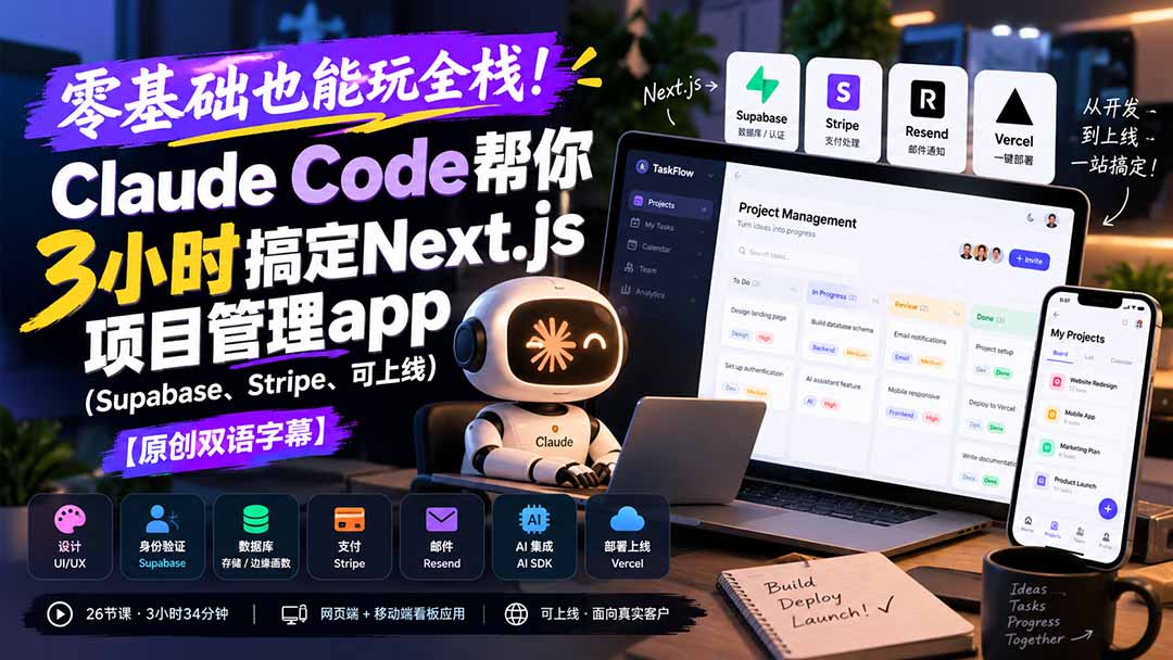 零基础也能玩全栈！Claude Code帮你3小时搞定Next.js项目管理app（Supabase、Stripe、可上线）【原创双语字幕】