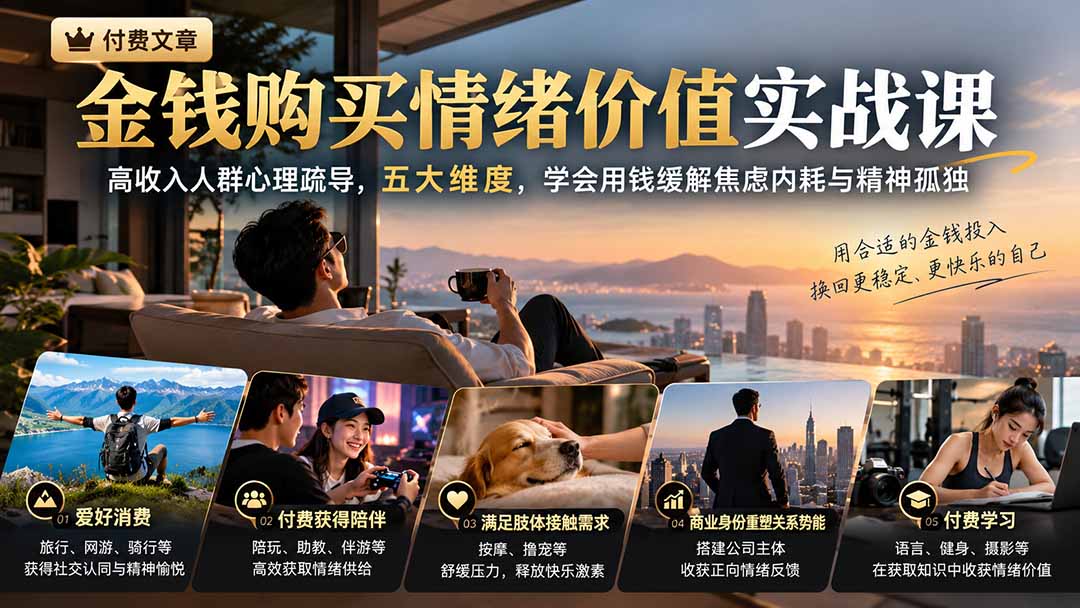 付费文章：金钱购买情绪价值实战课｜高收入人群心理疏导，五大维度，学会用钱缓解焦虑内耗与精神孤独