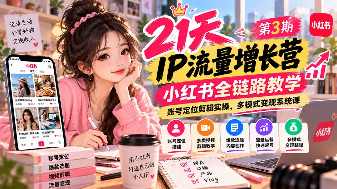 【无水印】21天IP流量增长营-第3期，小红书全链路教学，账号定位剪辑实操，多模式变现系统课