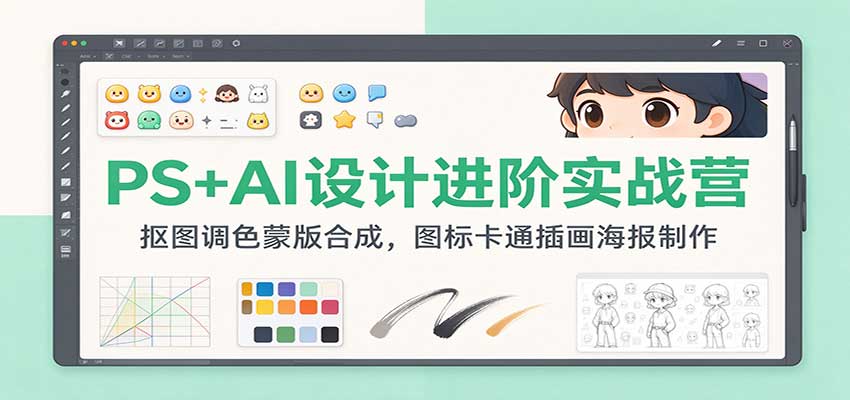 PS+AI设计进阶实战营：抠图调色蒙版合成，图标卡通插画海报制作