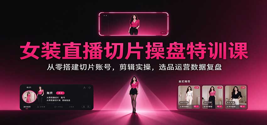 女装直播切片操盘特训课：从零搭建切片账号，剪辑实操，选品运营数据复盘