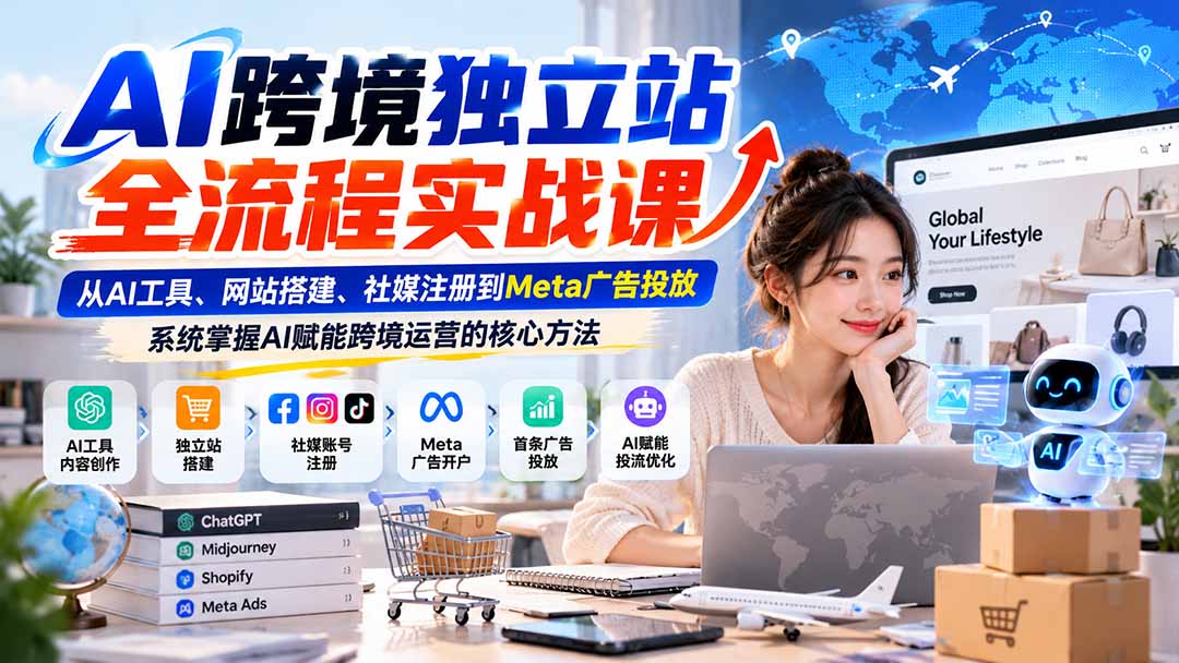 AI跨境独立站全流程实战课：从AI工具、网站搭建、社媒注册到Meta广告投放，系统掌握AI赋能跨境运营的核心方法