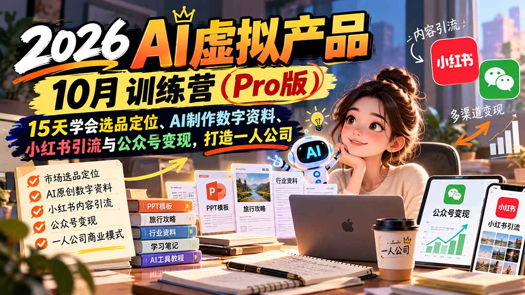 2026AI虚拟产品10月训练营（Pro版）：15天学会选品定位、AI制作数字资料、小红书引流与公众号变现，打造一人公司
