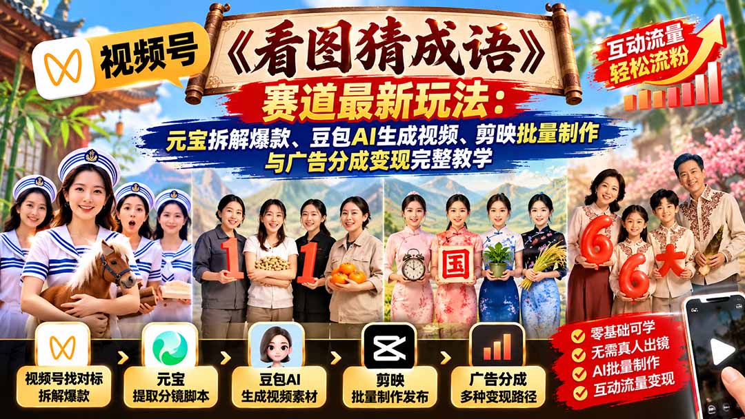 视频号《看图猜成语》赛道最新玩法：元宝拆解爆款、豆包AI生成视频、剪映批量制作与广告分成变现完整教学