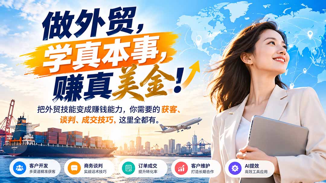 做外贸，学真本事，赚真美金！把外贸技能变成赚钱能力，你需要的获客、谈判、成交技巧，这里全都有