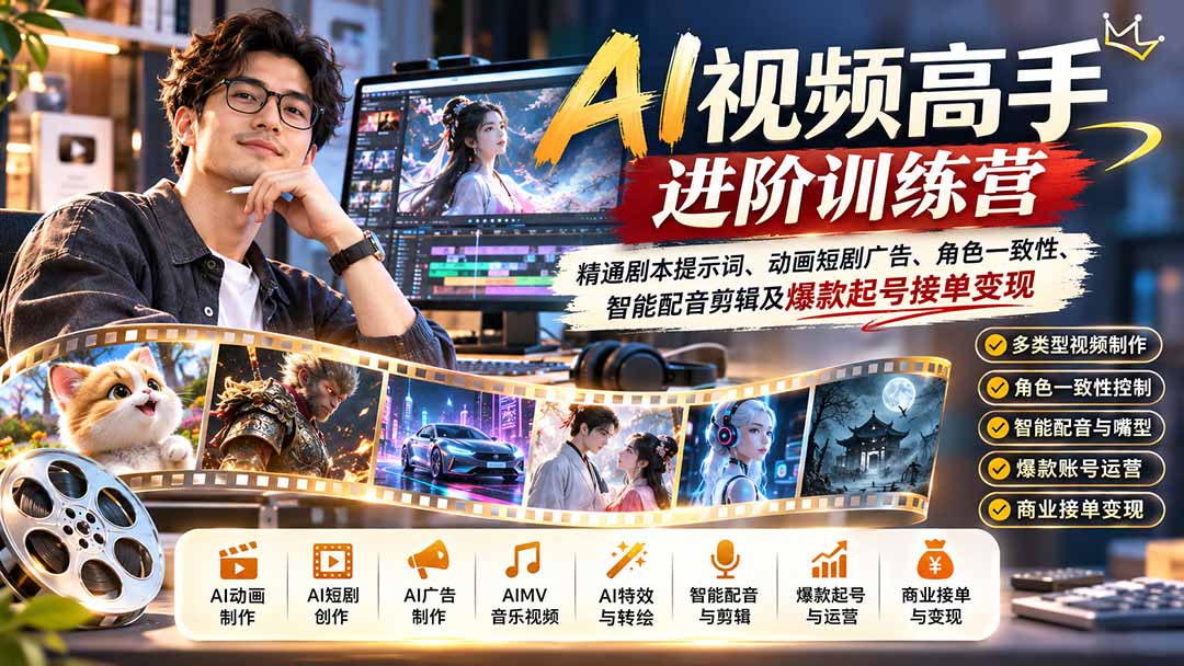 AI视频高手进阶训练营：精通剧本提示词、动画短剧广告、角色一致性、智能配音剪辑及爆款起号接单变现