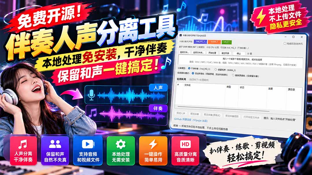 免费开源！伴奏人声分离工具，本地处理免安装，干净伴奏，保留和声一键搞定！