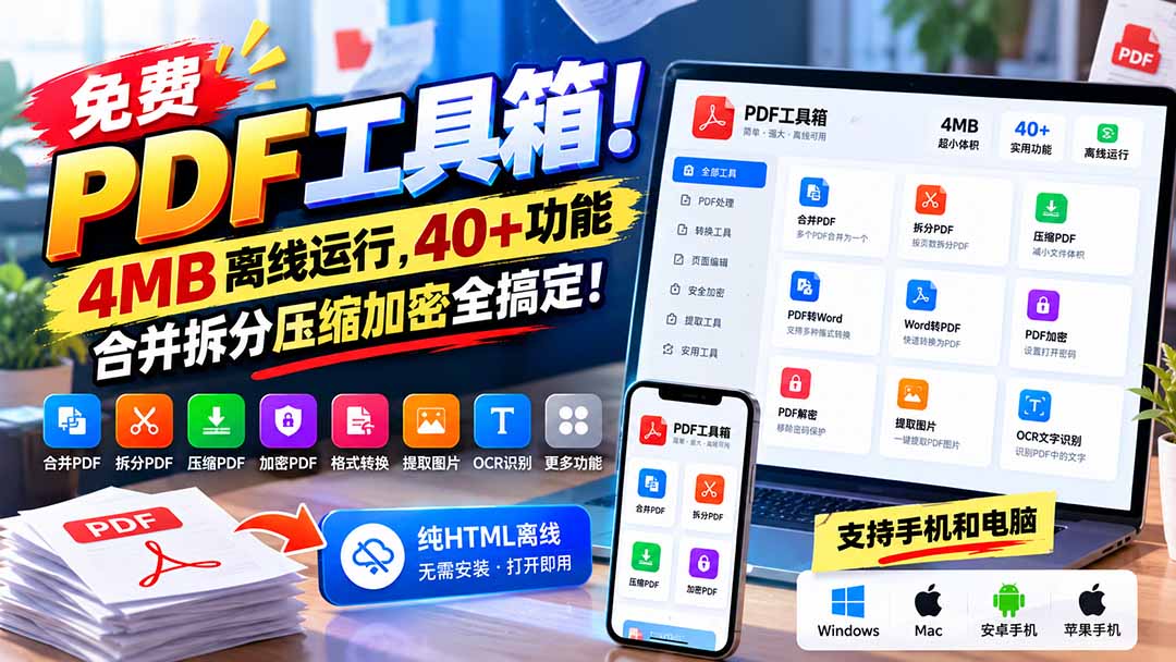 免费PDF工具箱！4MB离线运行，40+功能，合并拆分压缩加密全搞定！