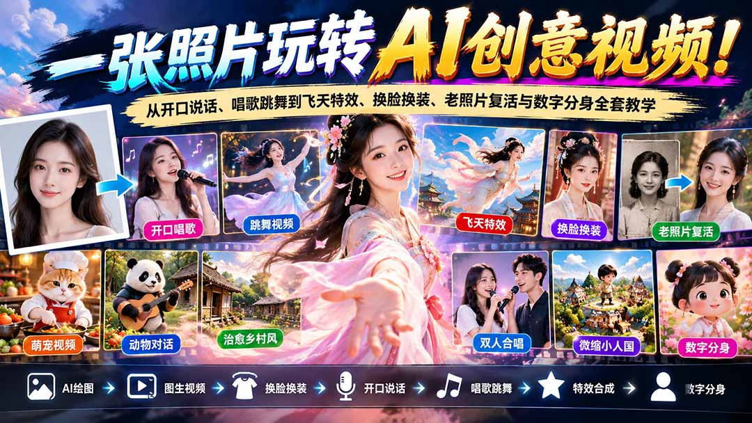 一张照片玩转AI创意视频！从开口说话、唱歌跳舞到飞天特效、换脸换装、老照片复活与数字分身全套教学