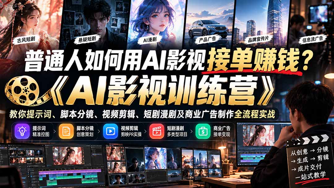 普通人如何用AI影视接单赚钱？《AI影视训练营》教你提示词、脚本分镜、视频剪辑、短剧漫剧及商业广告制作全流程实战